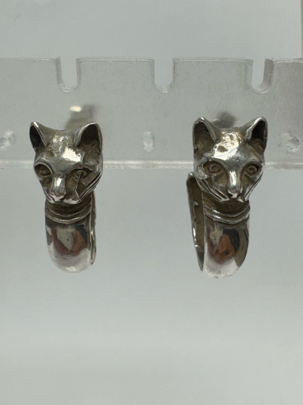 Vintage Sterling Silver Cat Head Hoop Earrings